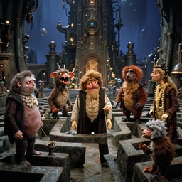 movie still from the 1 9 8 8 sequel to labyrinth by jim henson's creature shop starring realistic practical - effects wondrous creatures and humanoids in a maze - like steampunk fortress on an alien planet. fantasy adventure.