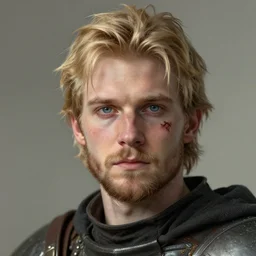 a rugged young knight with blonde hair and blue eyes and a short beard and a scar under his left eye by Greg_Rutkowski, realistic, detailed, masterpiece, ArtStation