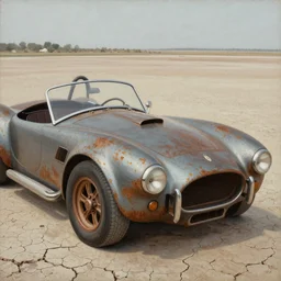 closeup of rusty shelby cobra, full car, weathered, desert, cracked dry lake bed, by Zdzislaw Beksinski, Norman Rockwell, al duke, Valter de Morais, highly detailed, soft lighting, film grain, hdr, 8k resolution, hd, oil on canvas