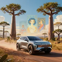 a futuristic suv designed by pininfarina driving through madagascar with baobabs trees, artgerm and greg rutkowski and alphonse mucha, an epic fantasy, volumetric light, detailed, establishing shot, an epic fantasy, trending on art station, octane render, midsommar