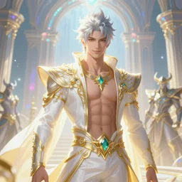 fullbody portrait of a male fit hero with strange hairs, soft smile, baroque cloth, luminous scene, final fantasy and league of legends champion, by chengwei pan and sakimichan, gradient white to gold, in front of an iridescent magical building background, highly detailed portrait, digital painting, smooth, focus illustration