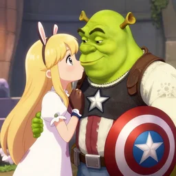shrek dressed as captain america kissing vanilla from nekopara