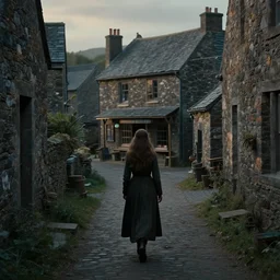 a woman with long hairs walks towards a tavern in a deserted stone city, in alan lee and marc simonetti and emil melmoth style  , cinematic lighting