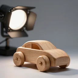 A toy car made of wood , 4K, studio light, 35mm