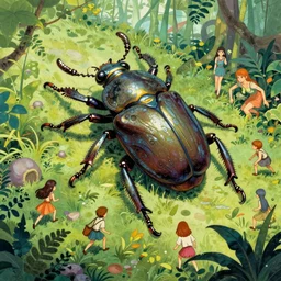 giant beetle with few element of alien cyberpunk armor attacking small humans in jungle, by moebius, alphonse mucha, ayami kojima, amano, greg hildebrandt, and mark brooks, art nouveau, cyberpunk, neo - gothic