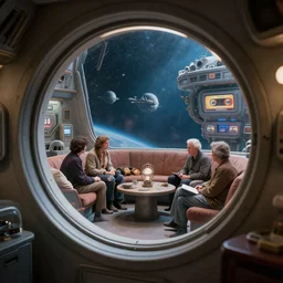 cozy stareship quarters. interior design. porthole planet. ralph mcquarrie scenes. art by, keith parkinson, walter simonson, gerald brom, keith parkinson. large depth of field. r / cassettefuturism. cycles. r / retrobattlestations
