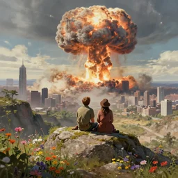 a couple sitting on top of a rock covered hillside with flowers watching a nuclear explosion in a nearby city, a detailed matte painting by filip hodas, cgsociety, fantasy art, artstation hq, vfxfriday, dystopian art