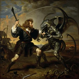 samwise gamgi fighting shelob, painting by gustave courbet, high detail, claude joseph vernet, rembrandt, museum painting, masterpiece