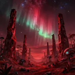 exotic landscape, slim and high rock columns pointing to the sky, sparse plants, weird, creepy, quiet, red color scheme, andromeda krogan nebula aurora wallpaper 3 d pixar disney digital cgi rtx hdr painting bioluminance alena aenami artworks in 4 kby loish beeple, by thomas kinkade