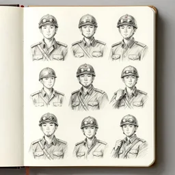 a sketchbook page filled with soldier doodles by kim jung gi, artstation