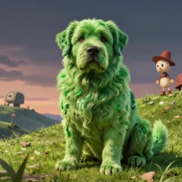 hyperrealist, graphic novel illustration of a bulky green alien labrador retriever with shaggy green fur with green dye sitting on a grassy hill, pulp 7 0's sci - fi vibes, 9 0's hannah barbara fantasy animation, cinematic, movie still, studio ghibli masterpiece