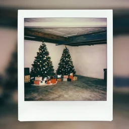 polaroid photograph of christmas themed basement