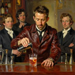 ryan reynolds as a bartender wearing leather, mixing cocktails behind a bar painting by gaston bussiere, craig mullins, j. c. leyendecker, tom of finland