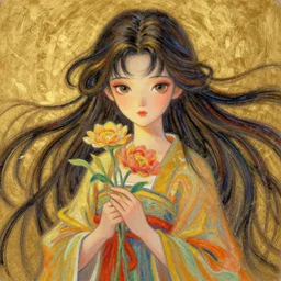 recursive image with a girl holding flowers, ancient china, large eyes, her long hair flowing, surreal, oil pastels and gold, in the style of katsuhiro otomo, modeled in poser, redshift render, uhd