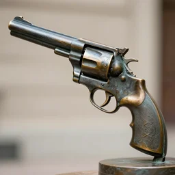 a 4 k photorealistic photo medium shot of a bronze statue of a revolver gun.