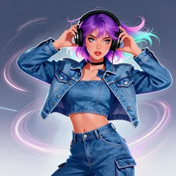 a award winning half body portrait of a beautiful woman with stunning eyes in a croptop denim jacket and cargo pants with ombre purple pink teal hairstyle dancing with headphones on her ears by thomas danthony, surrounded by whirling illuminated lines, outrun, vaporware, shaded flat illustration, digital art, trending on artstation, highly detailed, fine detail, intricate