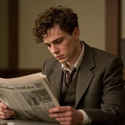 a young man of 2 8, brown curly hair, short hair, newspaper reporter, tired, gaunt, handsome, dressed in a cheap suit, like jake gyllenhaal unreal render cinematic lighting art 1 9 2 0 period drama by bussiere rutkowski andreas rocha