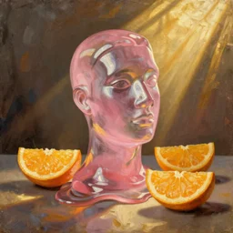 still life painting of a melting pink glass mannequin head, by pieter claesz, oil on canvas, strong lighting, orange slices, highly detailed, hyper realism, golden hour, god rays, hd, 4 k