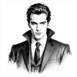 a handsome vampire in a suit and tie, character portrait, detailed ink drawing, black and white, 9 0 s vibe, concept art by tim bradstreet