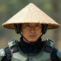 halo master chief wearing an asian conical straw rice hat