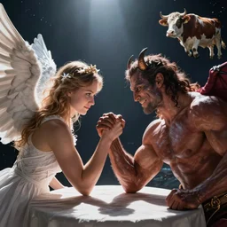 angel and demon arm wrestling in space while a cow flies in the background, realistic, digital art,