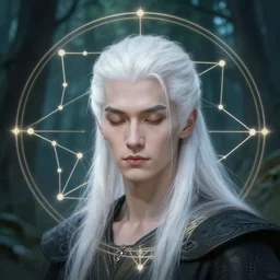 cyberpunk viking with white hair, face, sci - fi, constellation geometry, forest background, elegant, highly detailed, digital painting, artstation, concept art, smooth, sharp focus, spiritual art, psychedelic, illustration,