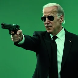 joe biden is [ agent smith ], the matrix movie, the matrix green green color grade, film still, key frame, dialogue scene, [ holding gun in hand ], sunglasses, ear piece, [ black tie ]