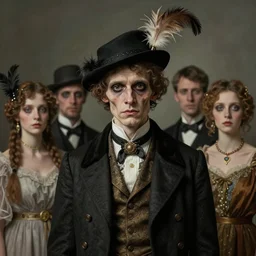portrait painting of a scrawny man with a feather cap wearing fancy clothes, early 3 0 s. ultra realistic, concept art, intricate details, eerie, highly detailed, photorealistic, octane render, 8 k, unreal engine. art by artgerm and greg rutkowski and charlie bowater and magali villeneuve and alphonse mucha