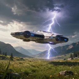 Futuristic spaceship flying above a grassy valley with gorgeous mountain range in the background, cinematic, dramatic volumetric lightning, epic composition, 8K Ultra HD, high detail, Octane render