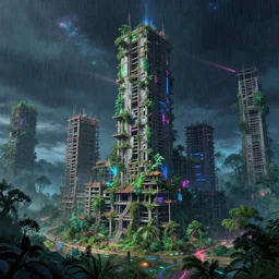 a beautiful hyperdetailed rendering of bastion nature unfinished building city by thomas cole, laser hyperrealism landscape synthwave reclaimed by nature nature tron lightpaint infrared neon noir studio ghibli rainforest myst galactic, archdaily, wallpaper, highly detailed, trending on artstation.