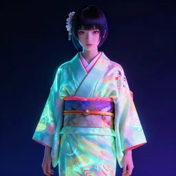 naro rinri wearing a glowing colorful kimono, cyberpunk