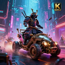 A samurai, cyberpunk background with steampunk vehicles. Wide shot, High action glowing neon lights, digital art, artstation, cinematic, volumetric lighting, Award winning, ultra high resolution, intricate details, rendered with unreal engine, octane render, UHD 8K
