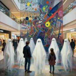 people in mall with ghosts, apocalypse, colorful, in the style of frantisek kupka, intricate, lisa yuskavage, cynical realism, john william godward, painterly, yoshitaka amano, miles johnston, louise zhang, pekka halonen, finnish naturalism, realism, realist style, cynical realism, magnus enckell, jean
