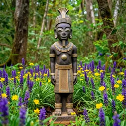 An ancient African lord statue in a lush forest surrounded by purple and yellow flowers, vibrant color scheme, Peter Mohrbacher and Marc Simonetti