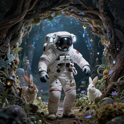 an epic portrait of an astronaut entering the enchanted rabbit hole of wonderland, cinematic lighting, trending on Artstation, highly detailed, insane details