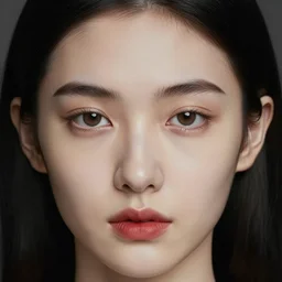 portrait of a young adult with a heart shaped face, pale ivory skin, downturned hazel eyes, button nose, thin red lips, natural straight eyebrows, long thin black hair, hdr shot, beautiful, intricate facial features, hyperrealism by martin schoeller