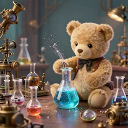 Teddy bears mixing sparkling chemicals as mad scientists in a steampunk style