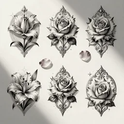 beautiful decorative classical ornamental tattoo flash sheet, fibonacci rhythms, roses, lilies, rose petals, lily petals, acanthus scrolls, highly detailed etching, bilaterally symmetrical, small medium and large elements