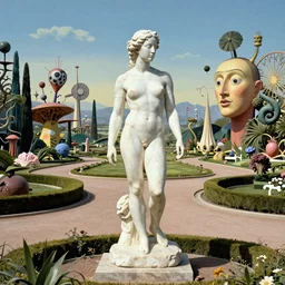 an epic park I got of Cara Delevigne as a marble statue walking through a Dali style landscape with fantastical elements very very very beautiful 4K scan