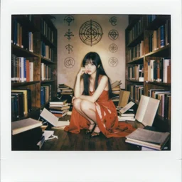 polaroid of messy library, poltergeist, liminal, crouching bride in the center, goetic sigils on walls.