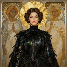 portrait painting of a stunning proud empress, artstation, mymodernmet, by amir ershadi, by ben enwonwu, by alphonse mucha, by soey milk, by salwar kameez, gold foil aureola, black dress of iridescent feathers, high neck collar, divine, saint, mixed media
