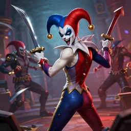 ultra realistic shaco the mischevious jester tricking his enemies before he stabs them in the back with his wavy daggers