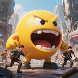 a comics cover angry giant 3 d pacman, screaming fearful running people in ruined cybernetic future city, realism, ultra mega super realism, hyper realistic, hyper detailed, 8 k