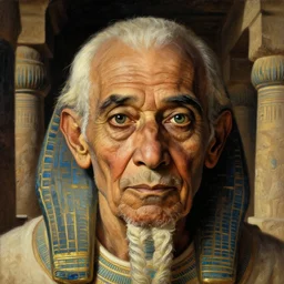 a closer personal portrait of a a very old egyptian temple priest with very piercing eyes, very charismatic. in the old ancient temple of luxor. masterpiece, dark. painted by norman rockwell and james gurney