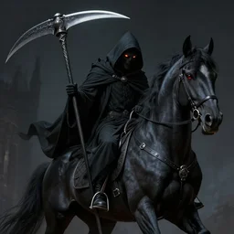 the grim reaper riding a black warhorse, holding a wicked scythe, black robe, fiery eyes, fantasy horror art, matte painting, realistic, super - resolution, perfectionism, elegant, octane engine, neo - gothic, detailed, sharp focus, illustration