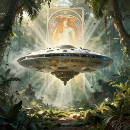 1 9 0 0 s photo overgrown zaha hadid alphonse mucha spaceship high - tech symmetry godrays haze ruins in jungle dripping sunlight
