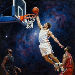 cosmic basketball player dunking a basketball hoop in a nebula, an oil painting, by ( leonardo da vinci ) and greg rutkowski and rafal olbinski ross tran airbrush