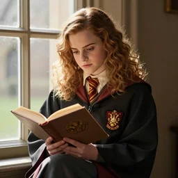 portrait of Emma Watson as Hermione Granger sitting next to a window reading a book, wearing Hogwarts school robes, focused expression, golden hour, art by Kenne Gregoire, trending on artstation