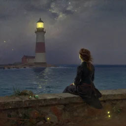 woman sitting on wall looking at the ocean. lighthouse. stars. fireflies. winter. john sell cotman