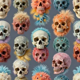a seamless pattern of surreal, colorful, fluffy, elaborate, and detailed skulls ; texture contract ; surrealism ; hyperrealism ; photorealism ; photorealistic ; surreal